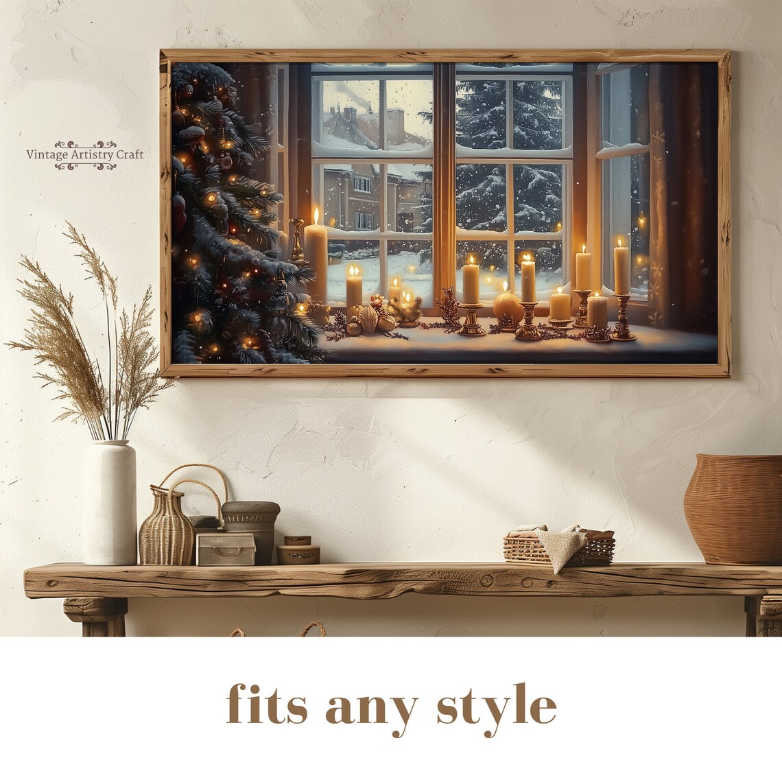 Christmas Candles and Snowy Tree Vintage Art Print - Image 8