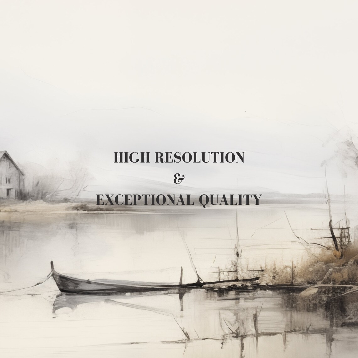 Muted Tonal Misty Lake Cabin Boat Neutral Watercolor Painting Poster - Image 6