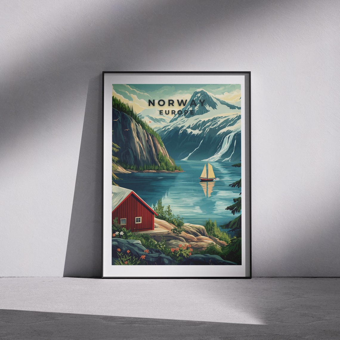 Norway Fjord Scandinavia Travel Poster with Red Cabin and Sailboat