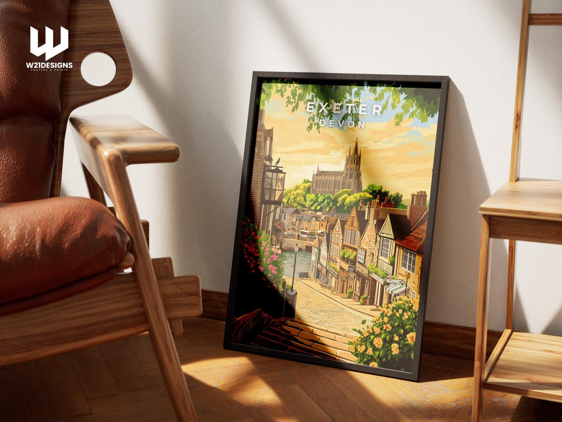 Exeter Devon Cathedral Historic Street Travel Illustration Poster - Image 2