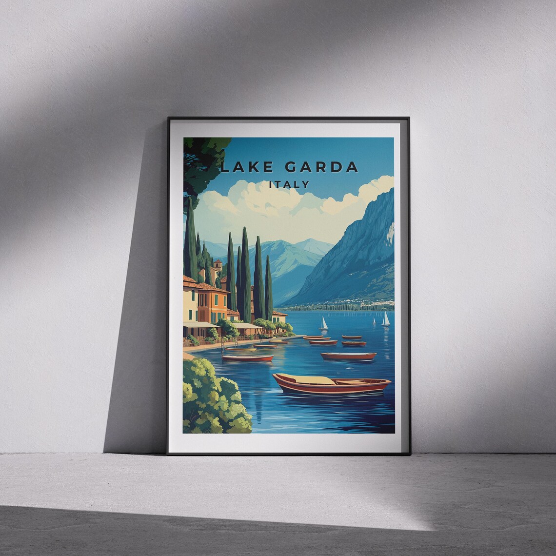 Lake Garda Italy Wooden Boats Lakeside Mountains Travel Art Poster