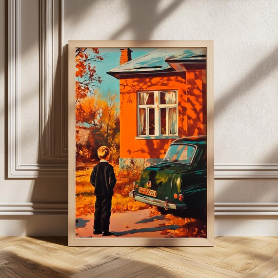 Vintage Painting Nostalgic Art Boy And Dog Autumn Scene Retro Illustration Childhood Memories Golden Retriever Cozy Home Decor