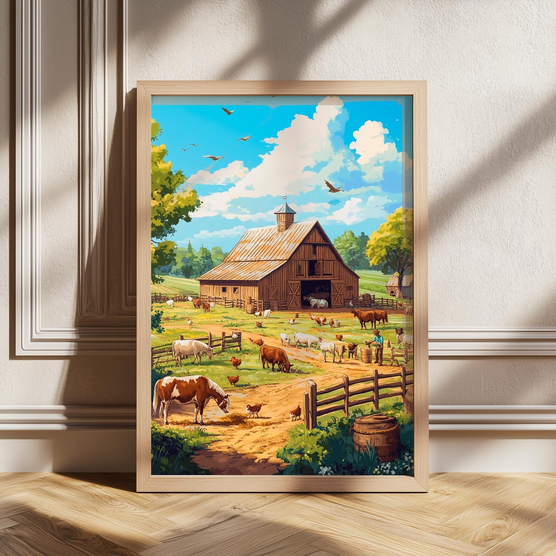 Vintage Farmyard With Barn Cows and Chickens Country Poster Art