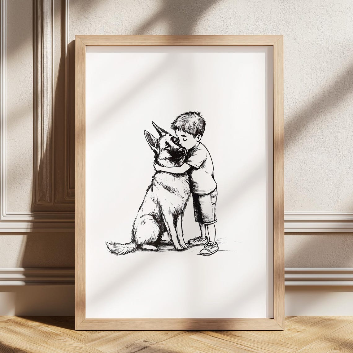 Child Hugging German Shepherd Dog Sketch Kids Room Nursery Poster