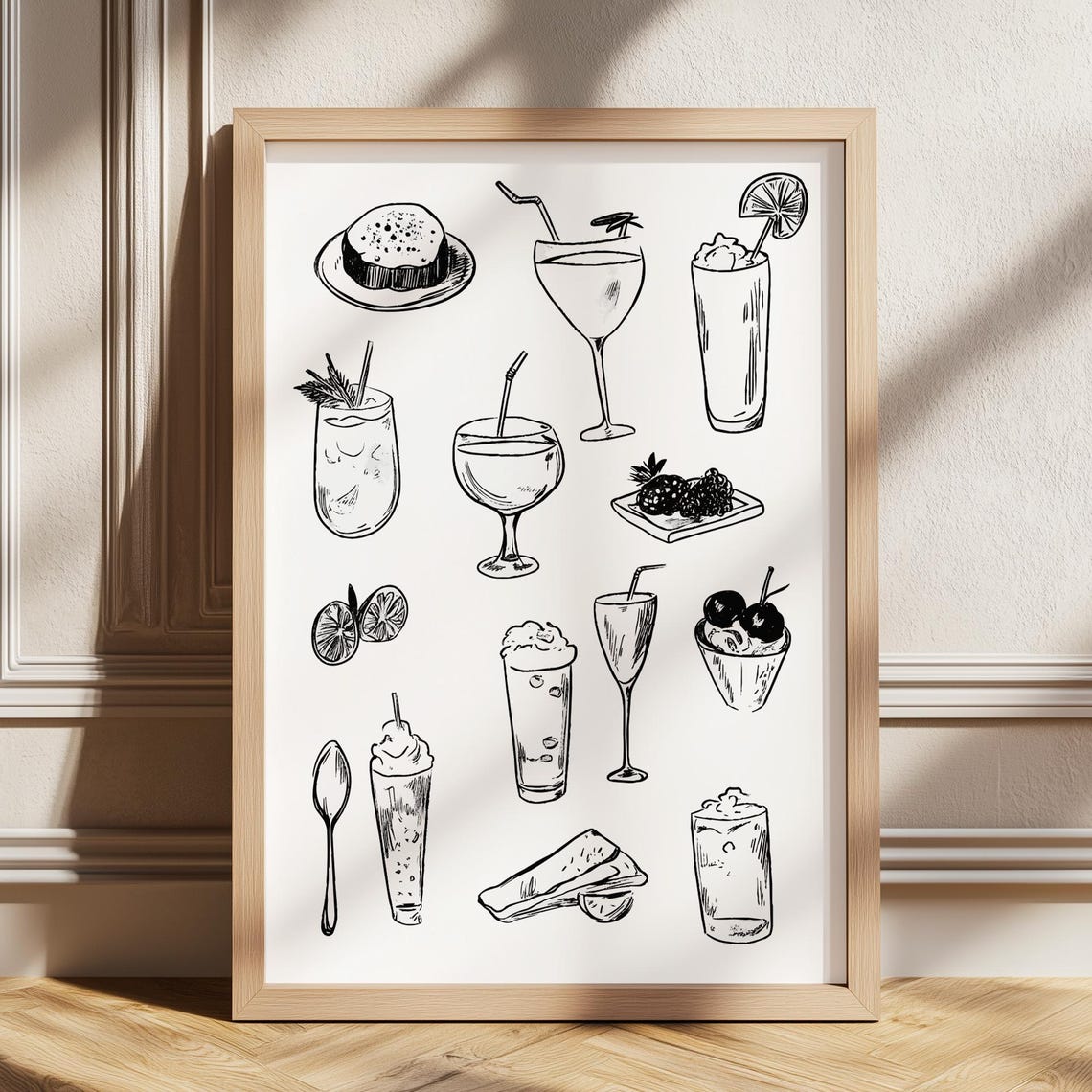 Cocktail And Dessert Illustrations Black Line Art Bar Poster