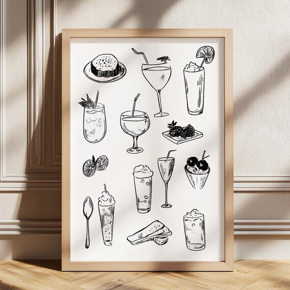 Food And Drinks Illustrations Wall Art Black Retro Dinner Table Poster Vintage Kitchen Print Trendy Caf Decor