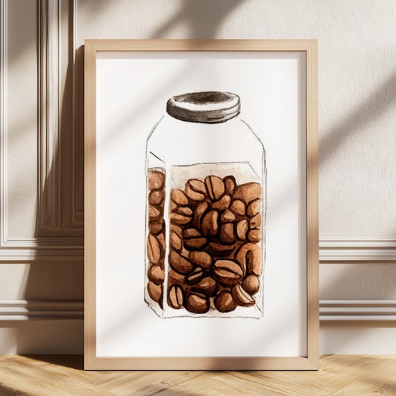 Watercolor Jar Of Coffee Beans Minimalist Kitchen Food Poster