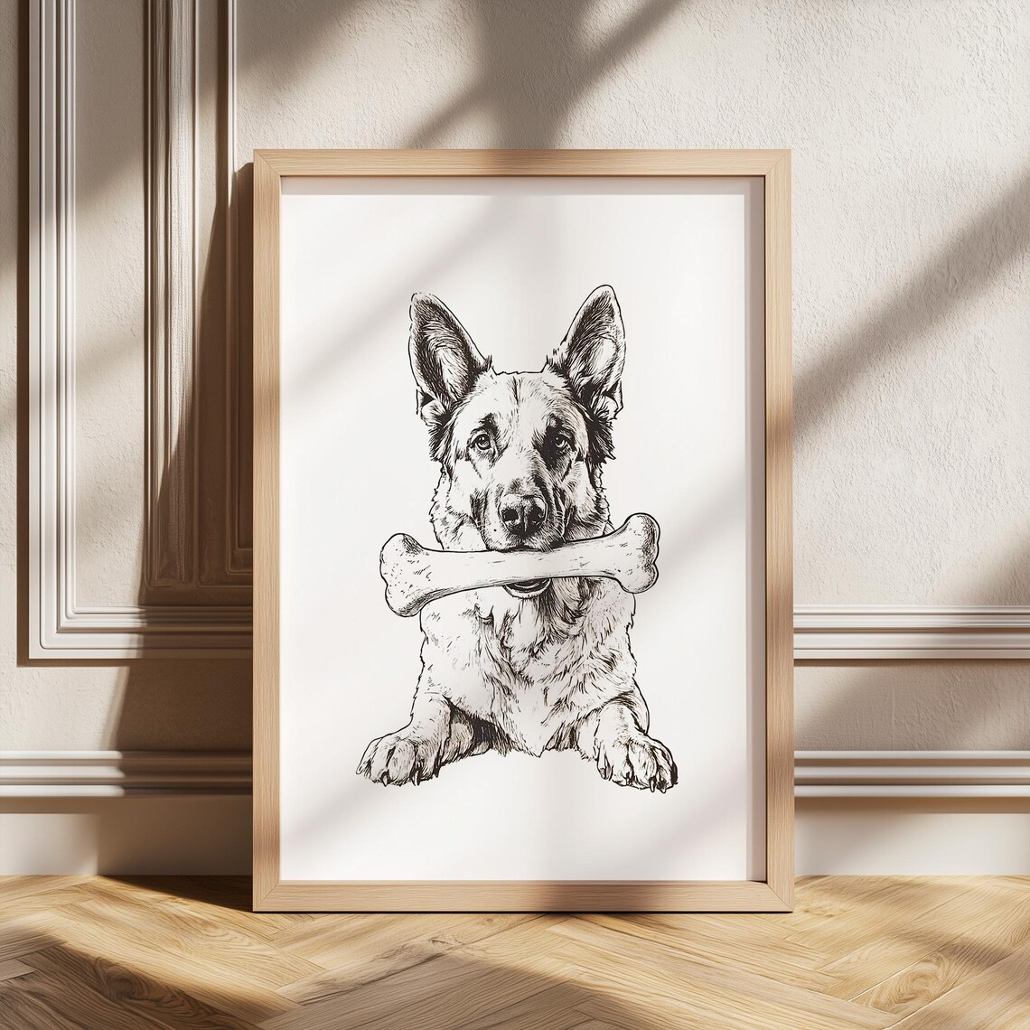 German Shepherd With Bone Print Dog Lover Gift Vintage Wall Art Antique Painting Illustration