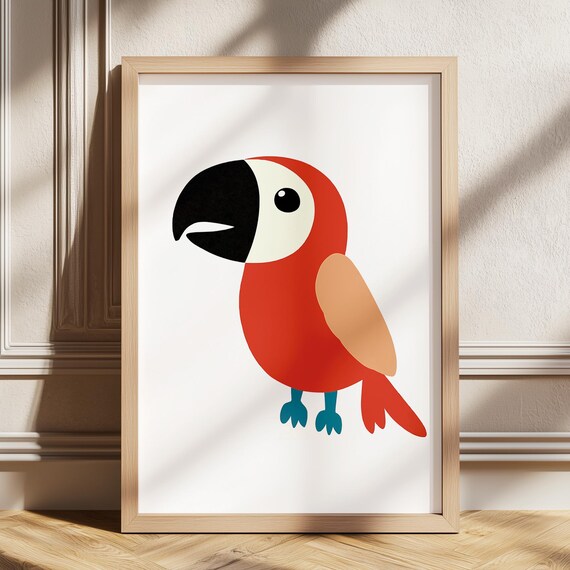 Cute Red Parrot Colorful Nursery Bird Illustration Art Poster