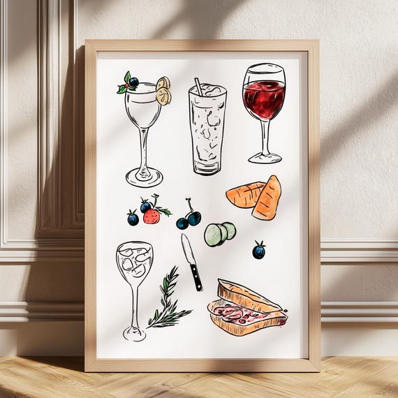 Retro Dinner Table Print Food And Drinks Illustrations Poster Maximalist Kitchen Gallery Wall Art Apartment Decor Bar Cart
