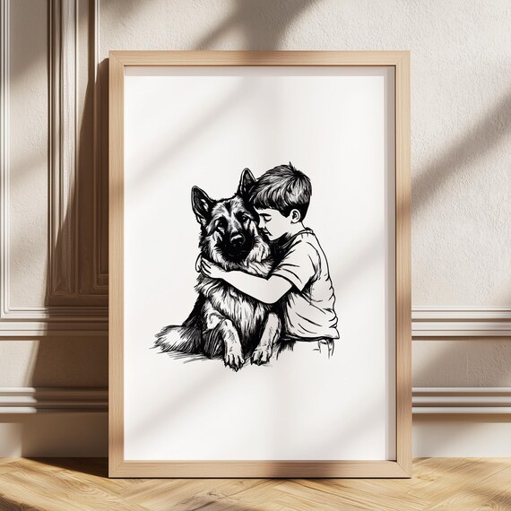 Little Boy With Puppy Dog Print Sketch Art Nursery Vintage Poster Retro Drawing Kids Room Decor Boys