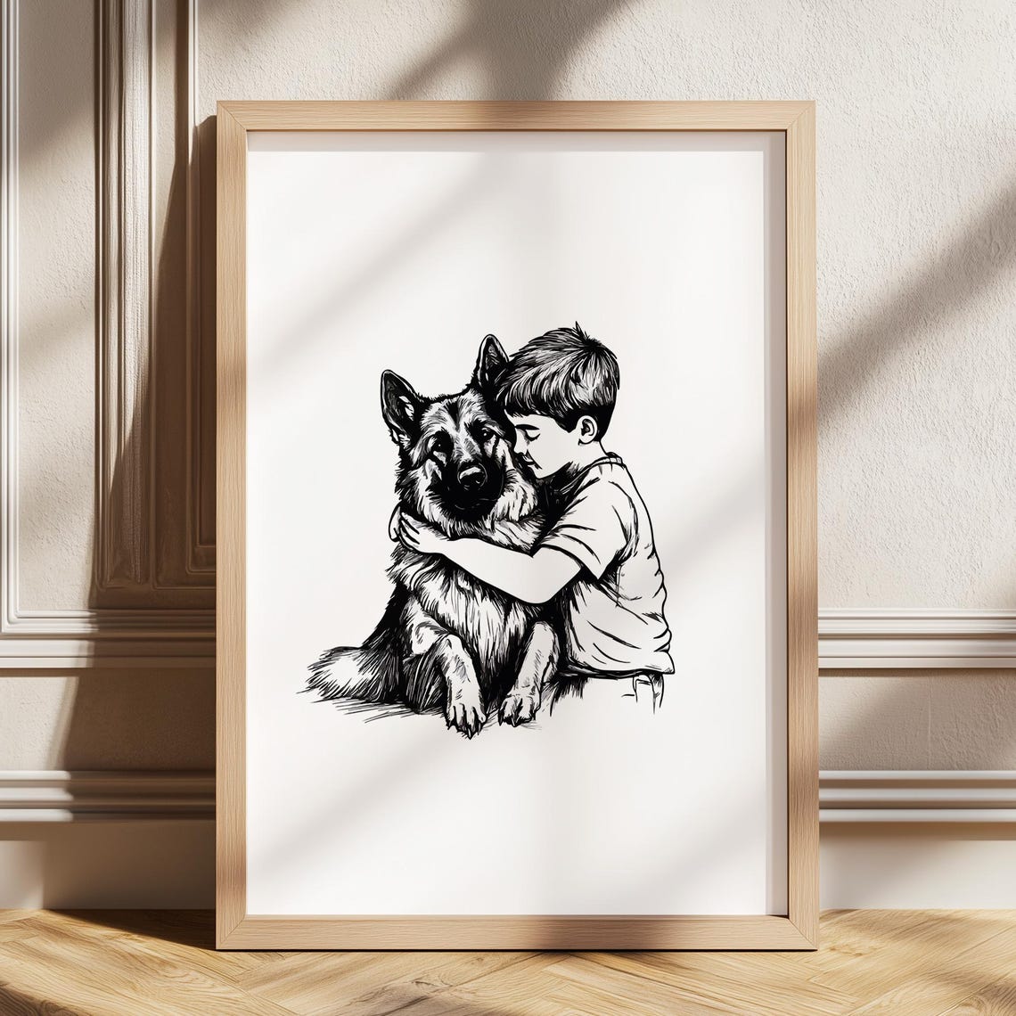 Little Boy Hugging German Shepherd Dog Sketch Nursery Poster