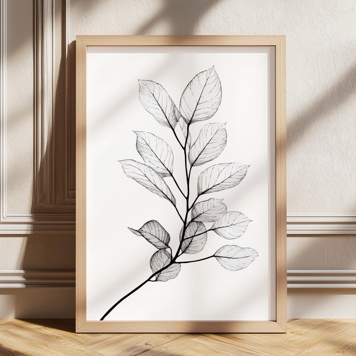 Monochrome Botanical Leaf Branch Fine Line Minimalist Art Poster