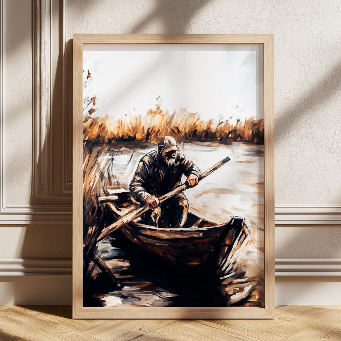 Fisherman Rowing Boat Moody Watercolor Earth Tone Lake Poster