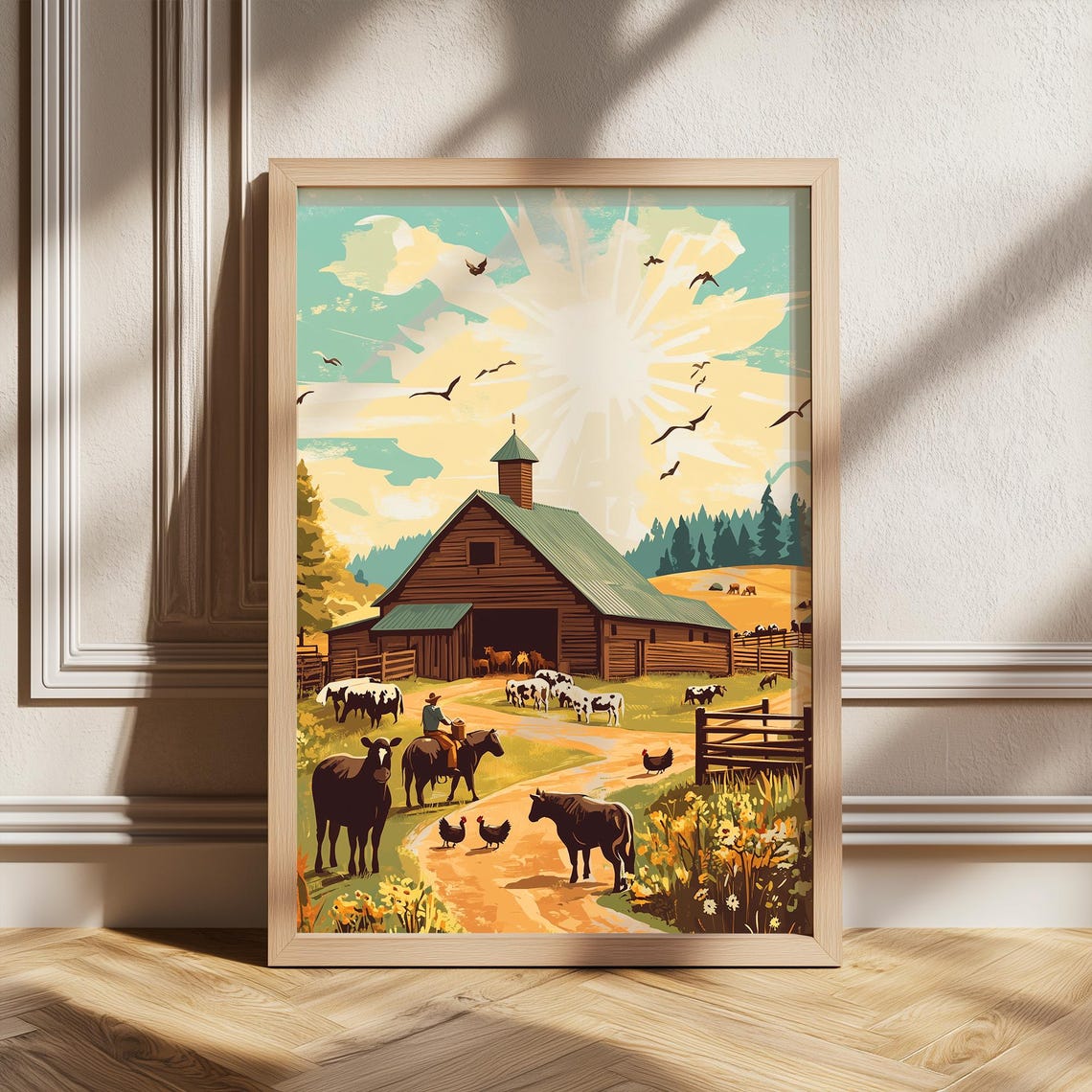 Vintage Barn Farm Poster With Cows And Horseback Rider At Sunrise