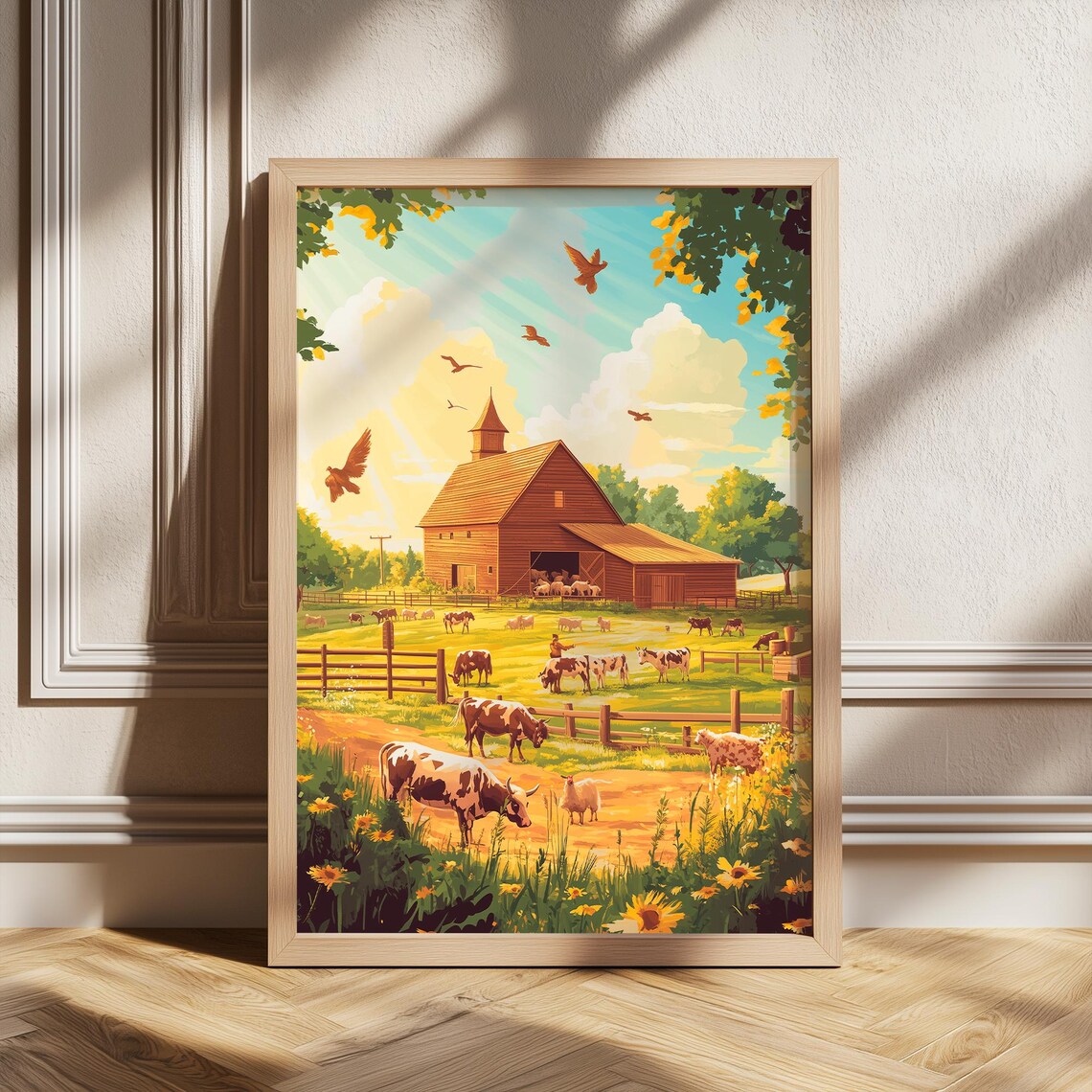 Red Barn and Dairy Cows in a Sunny Pasture Vintage Farm Poster