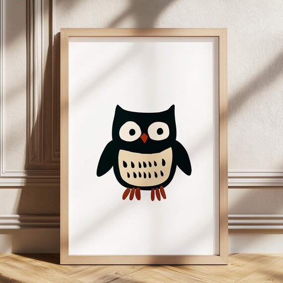 Cute Black Owl Nursery Print With Minimalist Cartoon Animal Artwork