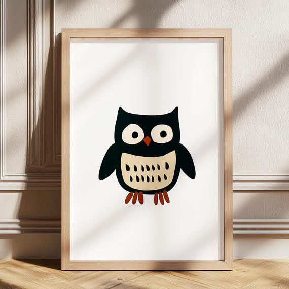 Cute Owl Wall Art Nursery Print Kids Room Decor Beige Playroom Boys Bedroom Animal