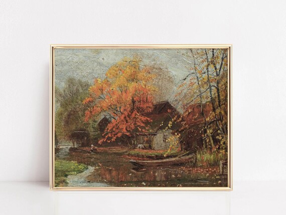 Moody Autumn River Landscape Vintage Oil Fall Painting Poster