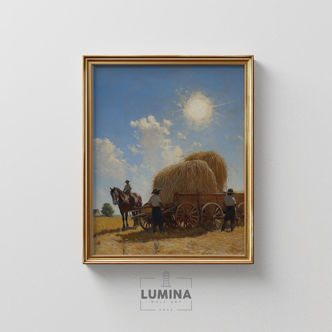 Farmers Harvesting Wheat Golden Sun Countryside Painting Poster