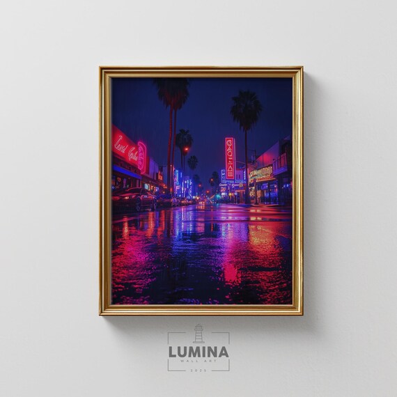 Vibrant Neon Night In Moody Cityscape Retro Urban Scene Colorful Street Painting Wall Art 424
