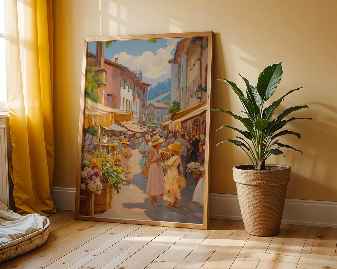 Sunny European Flower Market Street Impressionist Painting Art Poster