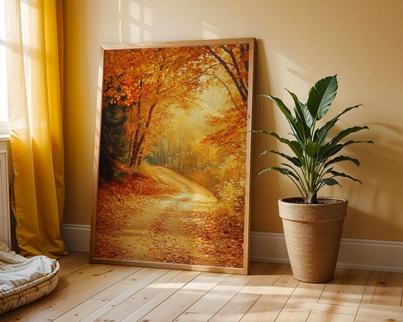 Winding Autumn Forest Path Rustic Golden Leaves Warm Fall Woods Cozy Country Trail Vintage Nature Wall Art 11