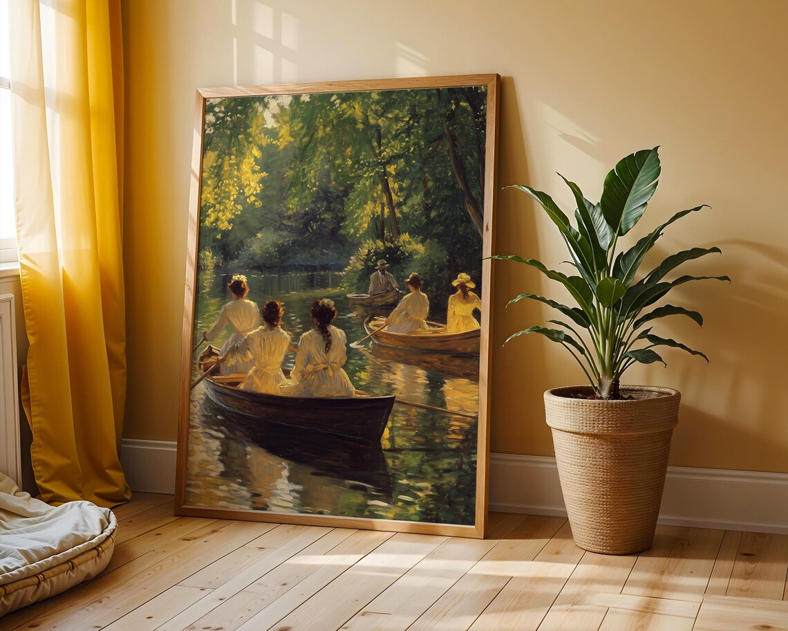 Women Rowing Boats on a Sunlit Lake Vintage Impressionist Poster