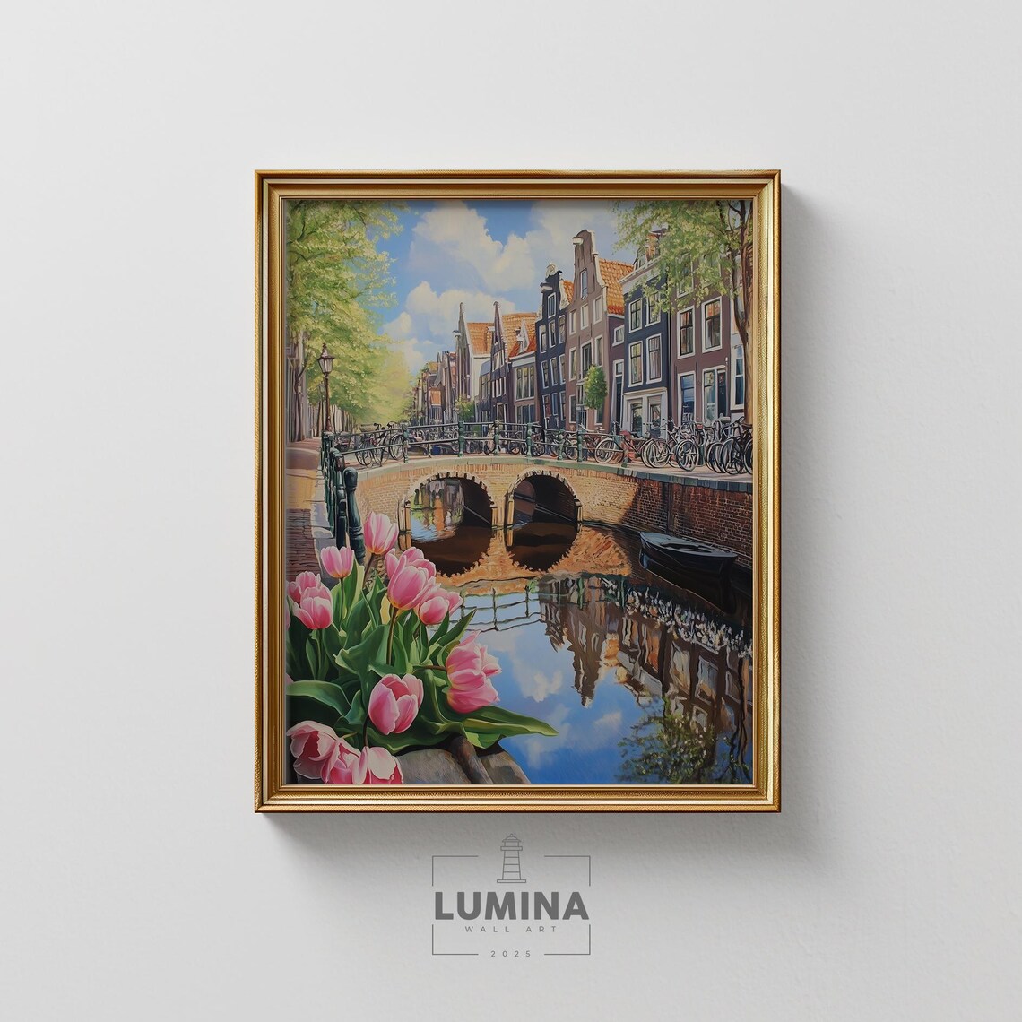 Amsterdam Spring Canal Tulips Dutch Gabled Houses Travel Poster