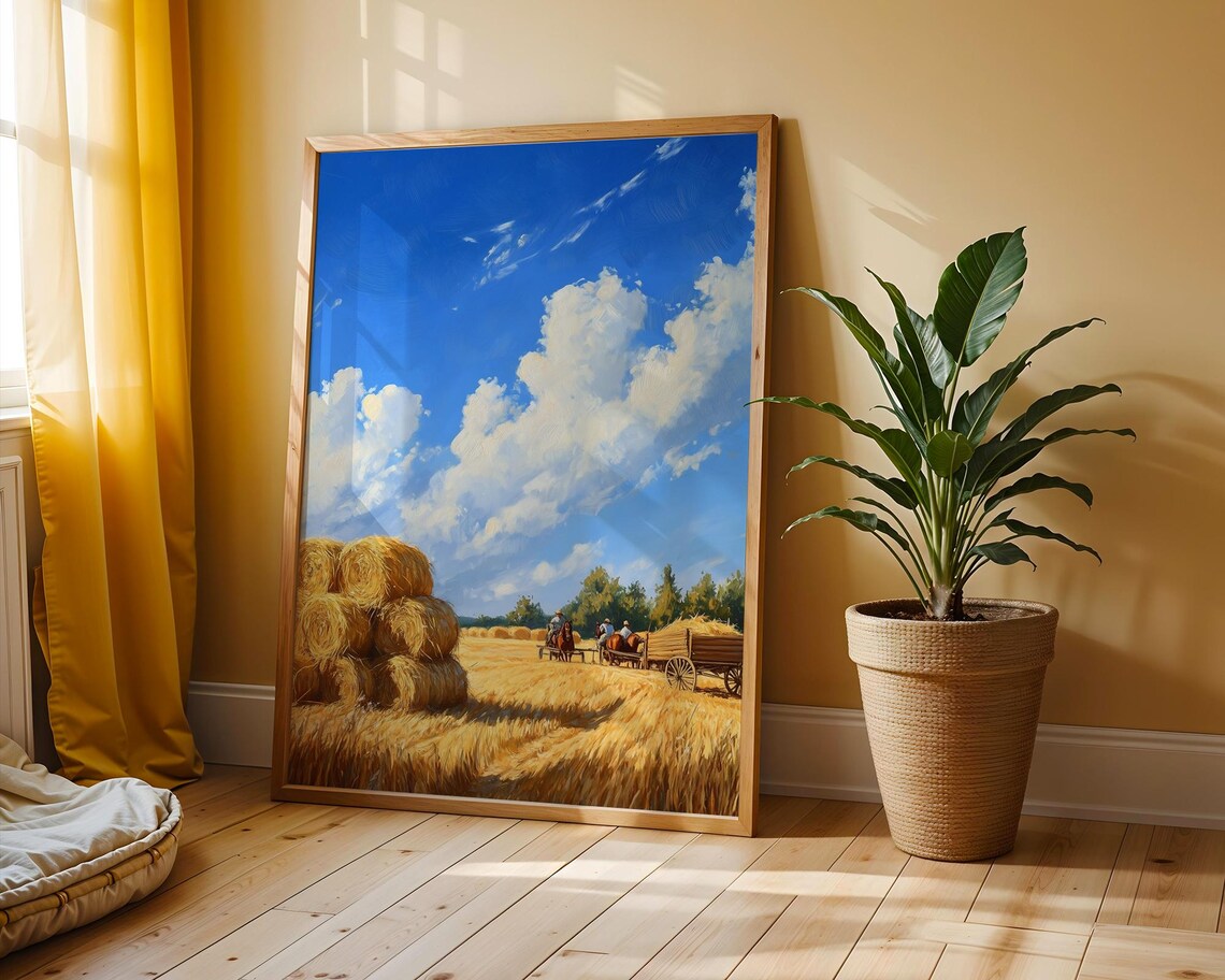 Countryside Hay Harvest Golden Wheat Field Farm Wagon Scene Poster