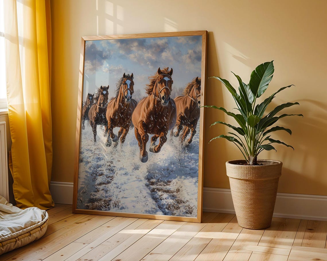 Wild Horses Galloping Through Snow Chestnut Winter Landscape Poster