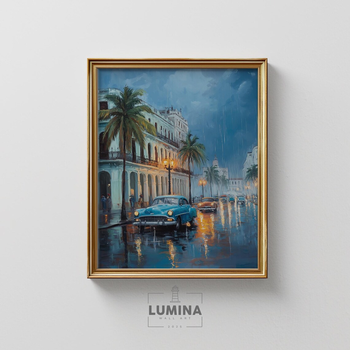 Havana Cuba Rainy Street Classic Cars Colonial Palms Night Poster