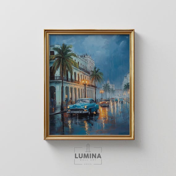 Rainy Havana Street Scene Classic Cars Pastel Buildings Vintage Travel Art Earthy Tropical Decor Wall 260