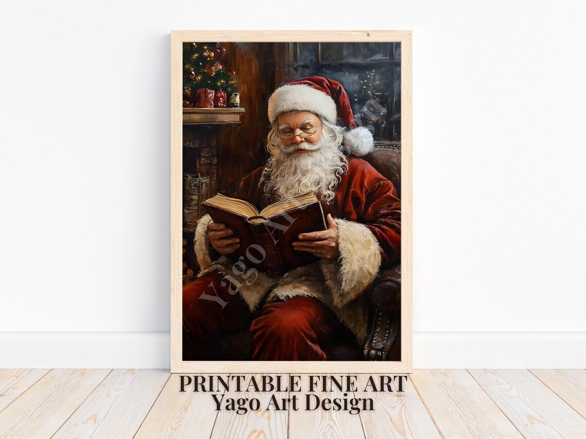 Vintage Santa Reading Book by Fireplace Cozy Christmas Art Poster