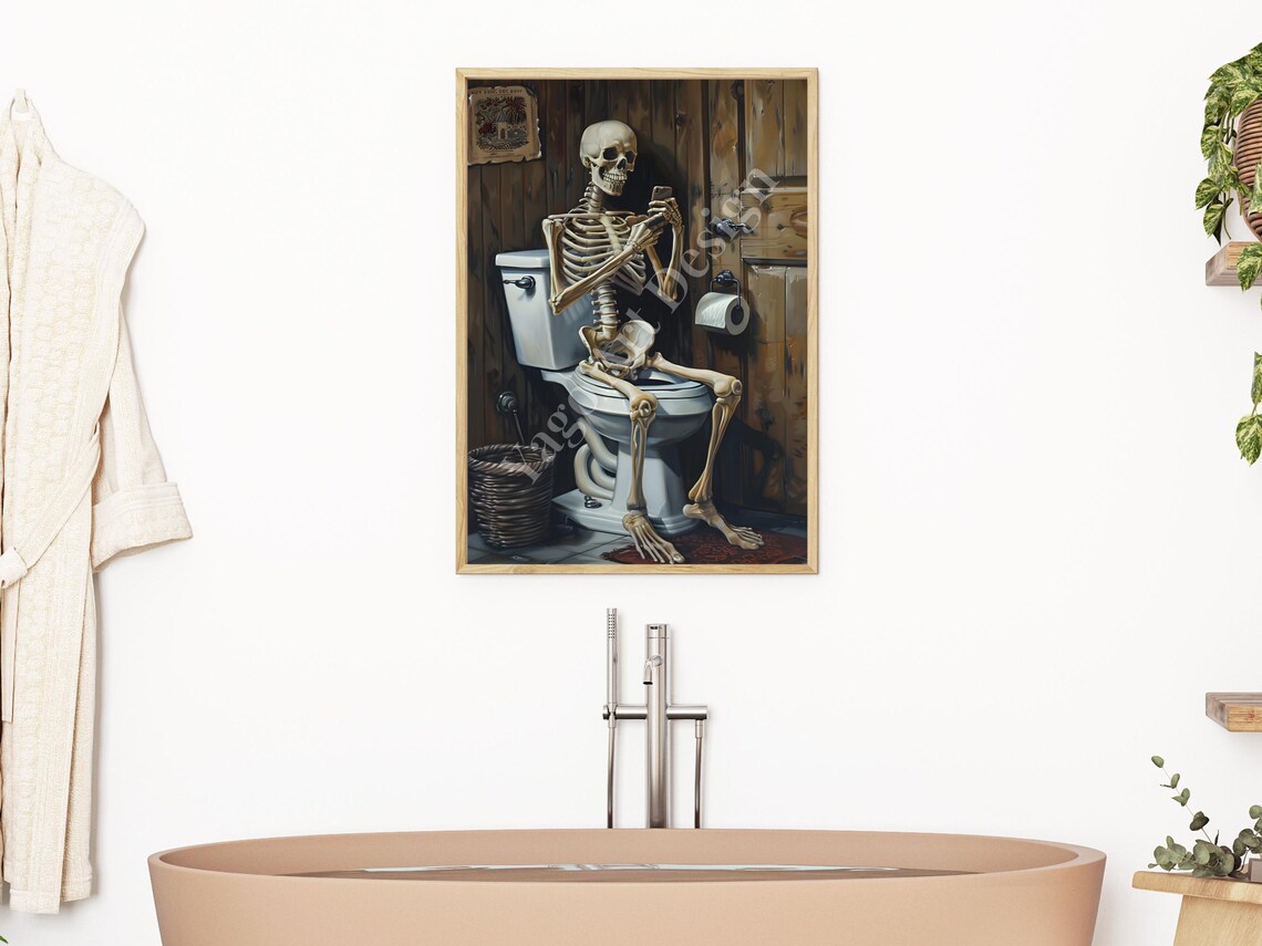 Vintage Skeleton Toilet Phone Poster, Halloween Humor - Image 2