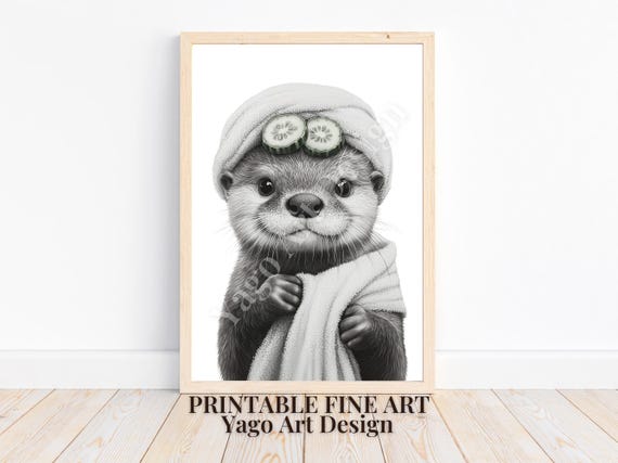 Otter With Towel And Cucumber Art Print Cute Otter Self Care Adorable Animal Bathroom Art Minimalist Black And White Decor Funny Art