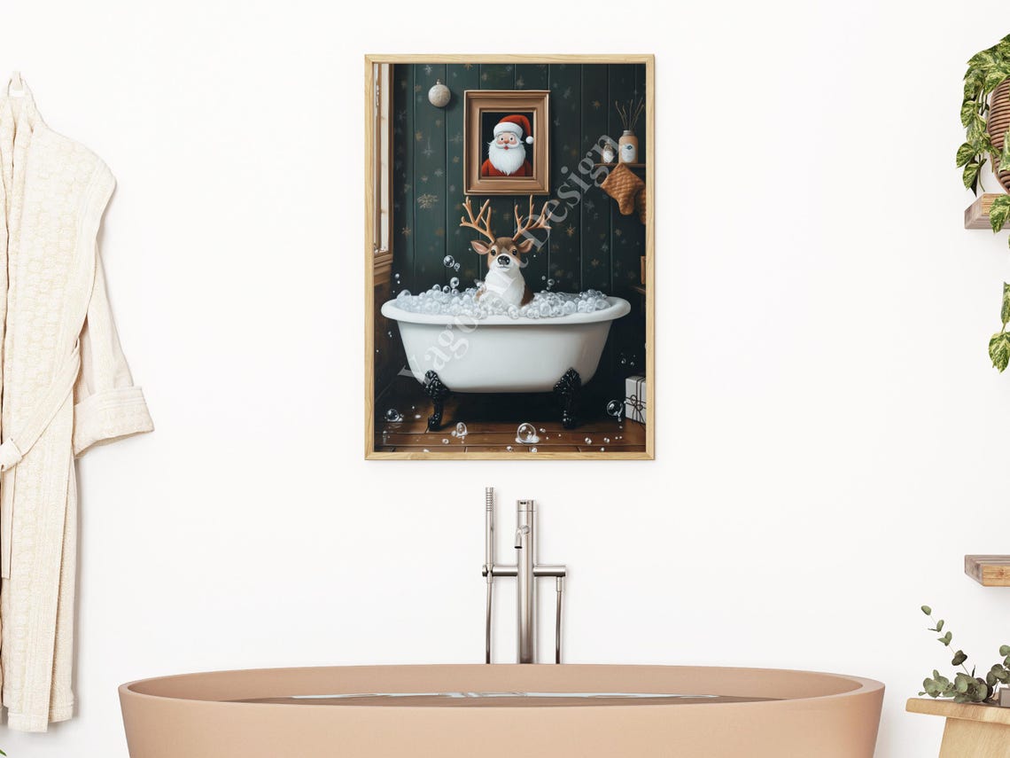 Reindeer in Bubble Bath Poster Christmas Bathroom Whimsical Art - Image 2