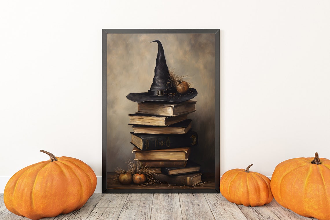 Witch Hat on Stack of Old Books with Pumpkins Halloween Poster - Image 3