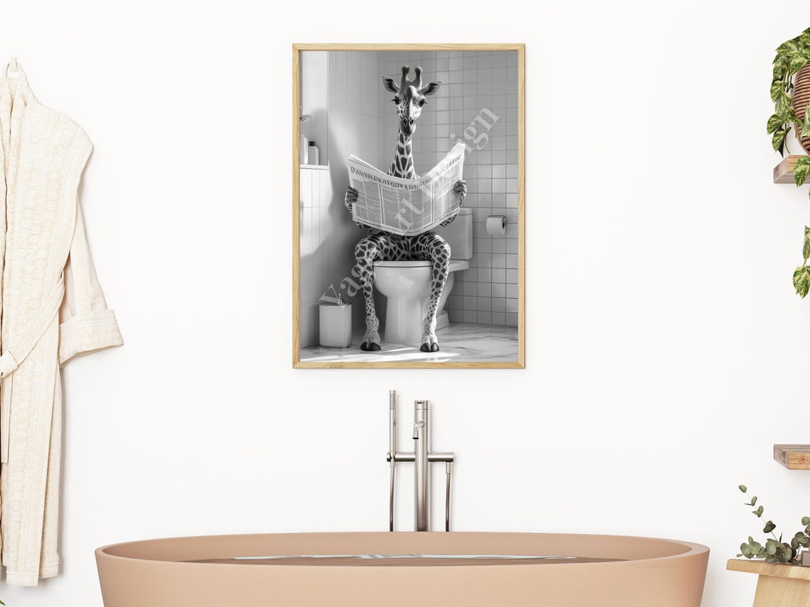 Giraffe Reading Newspaper on Toilet Poster Funny Bathroom Decor - Image 2
