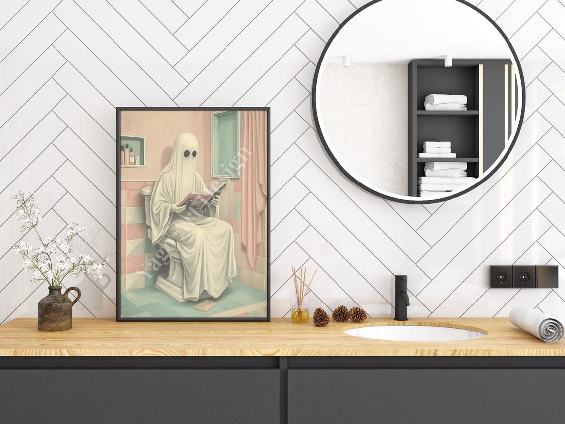 White Ghost Reading Magazine on Toilet Pastel Bathroom Art Poster - Image 3