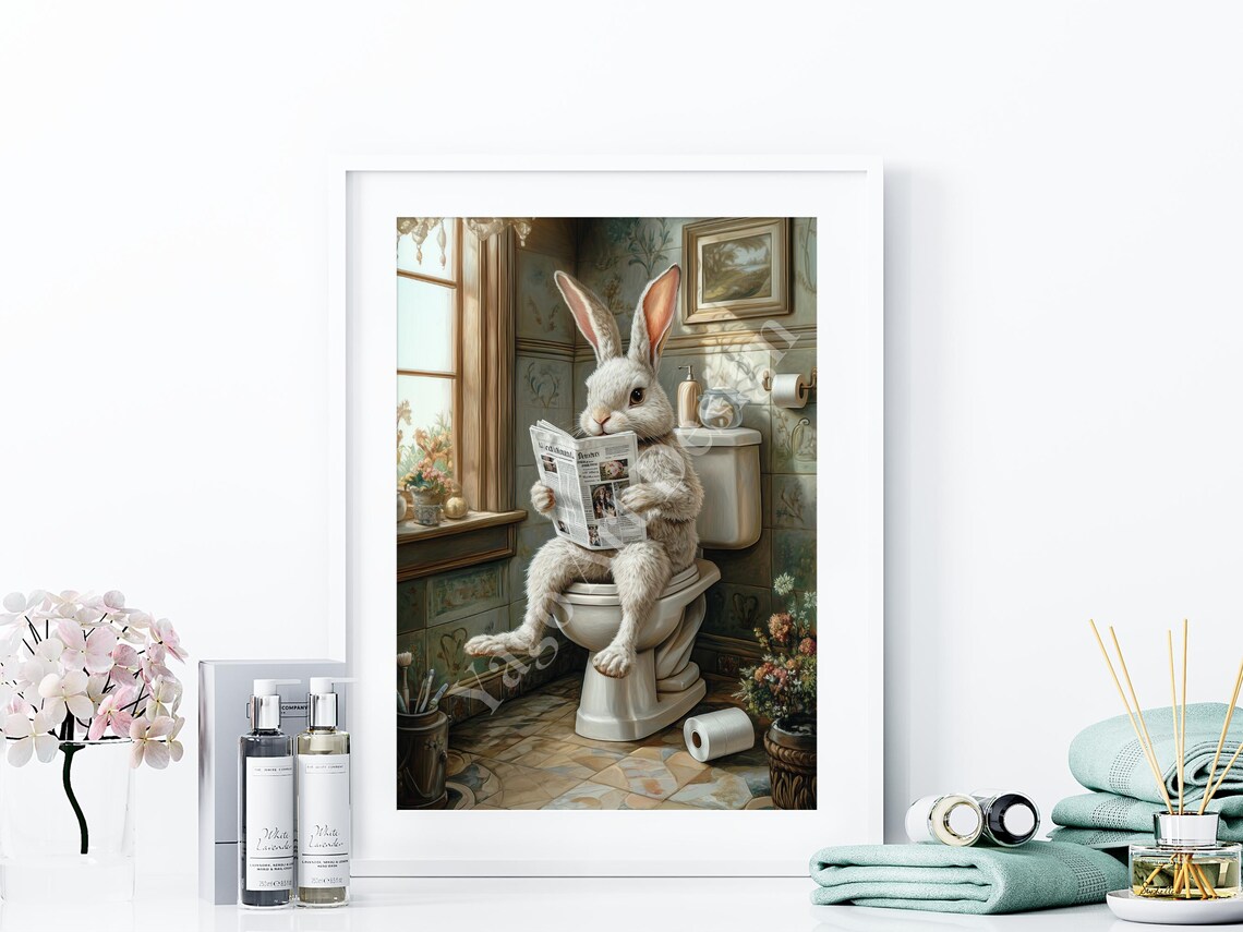 White Bunny On Toilet Reading Newspaper Funny Bathroom Poster - Image 3