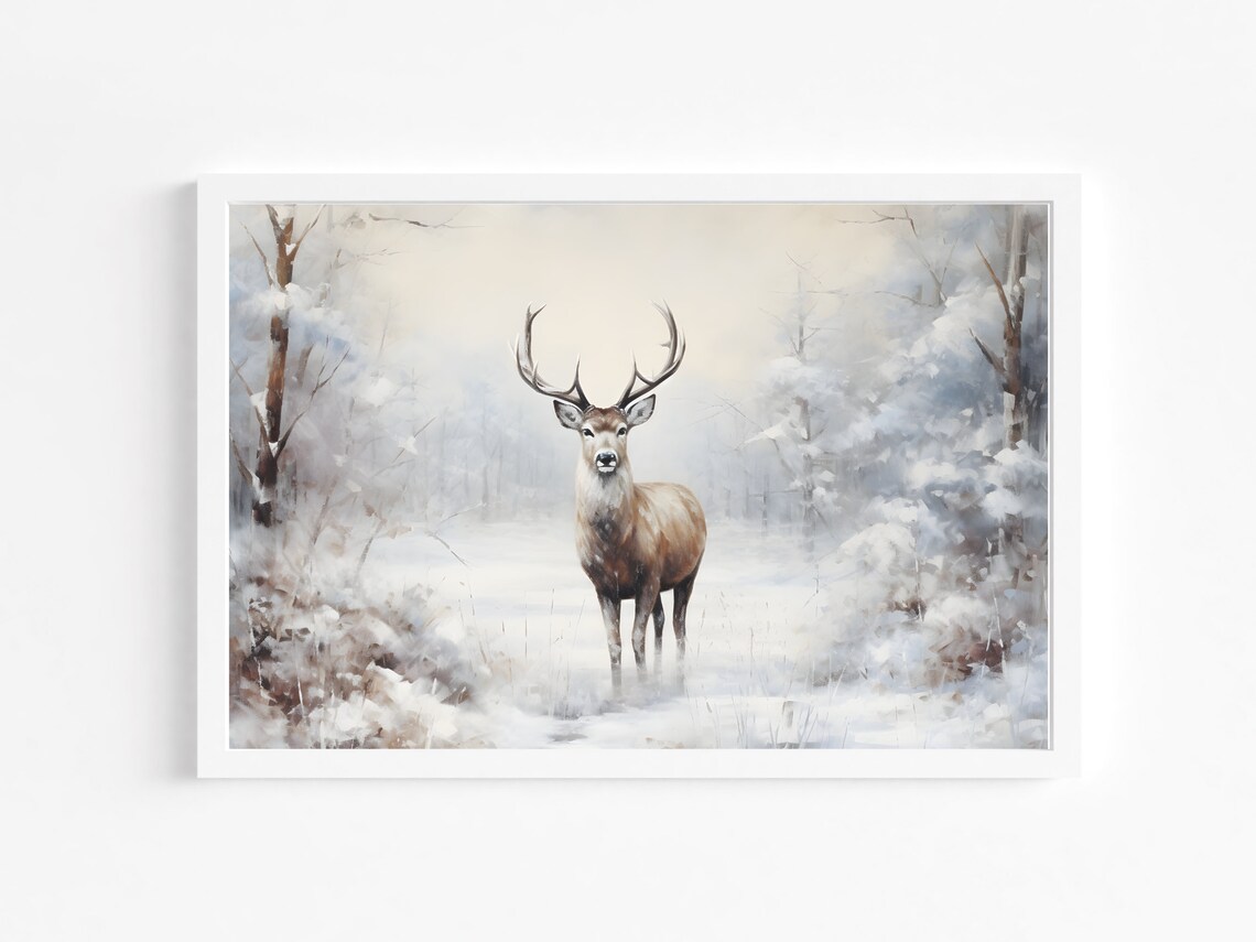 Majestic Stag in Misty Snow Forest Winter Wildlife Art Poster - Image 4