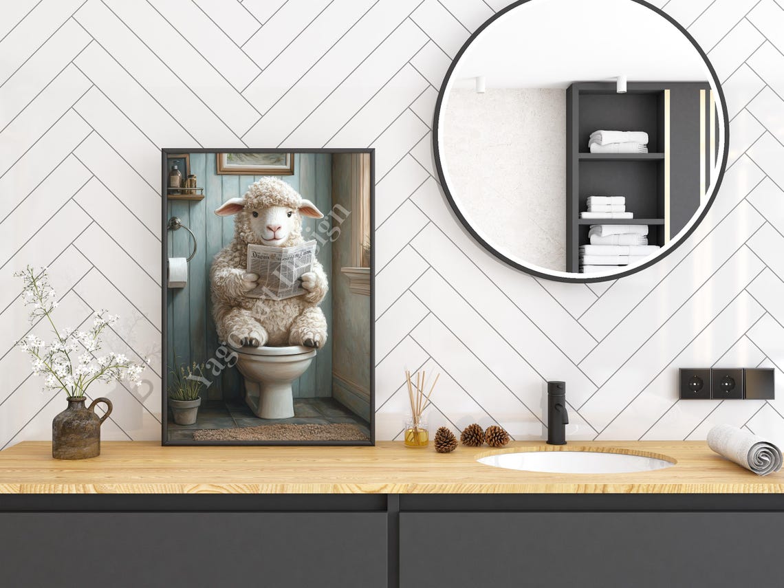 Lamb Sitting On Toilet Art Print Funny Bathroom Print Animal On Toilet Poster Whimsy Animal Decor Modern Fine Animal On Toilet Painting - Image 3
