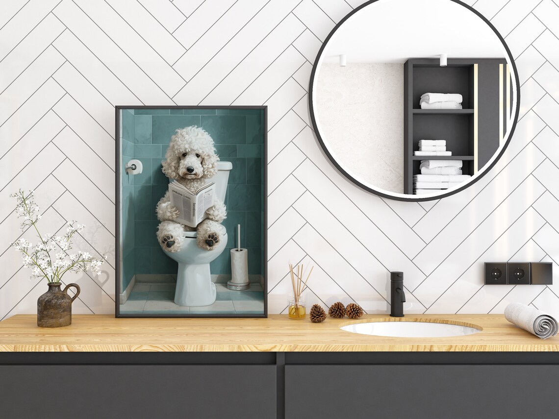 White Poodle Reading Book on Toilet Funny Bathroom Wall Poster - Image 2