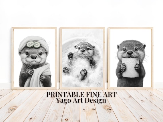 Cute Otter Bathroom Trio Poster Set Bubble Bath Spa Toilet Paper
