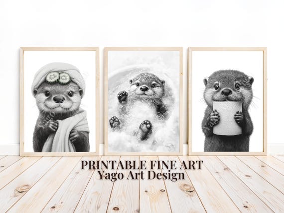 Funny Otter Wall Art Bundle Of 3 Art Prints Cute Otter Bathroom Decor Minimalist Black White Decor Otter With Tp Towel And Cucumber