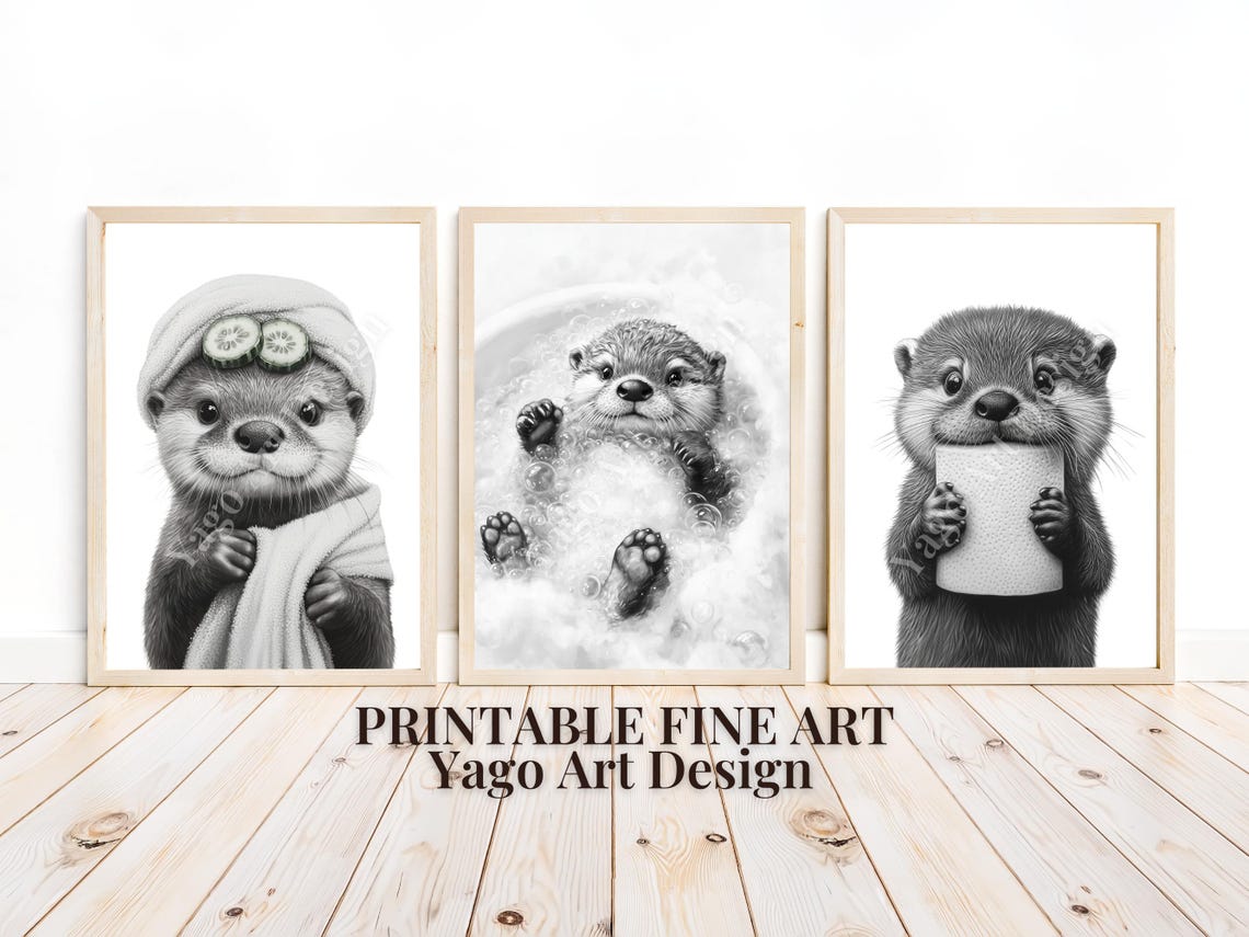 Cute Otter Bathroom Trio Poster Set Bubble Bath Spa Toilet Paper