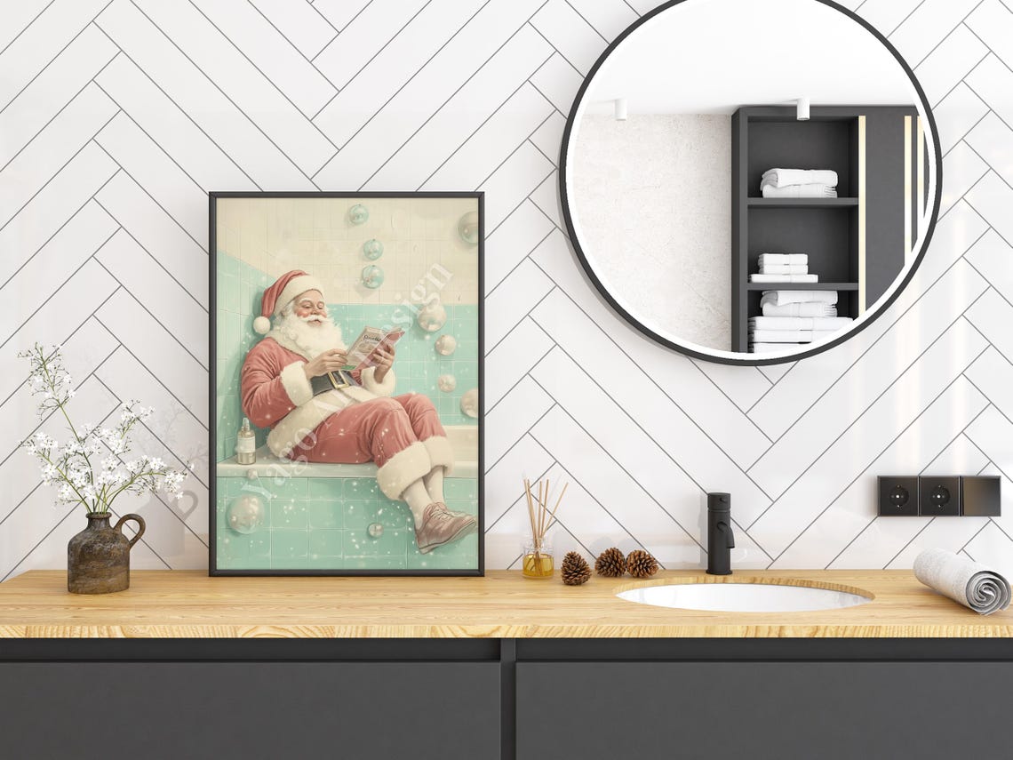 Santa Claus Relaxing on Bathtub Edge Reading Cozy Christmas Poster - Image 3