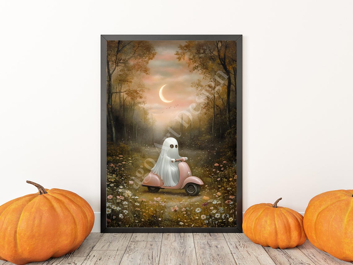 Cute Ghost Riding Pink Scooter through Forest at Sunset Poster - Image 3