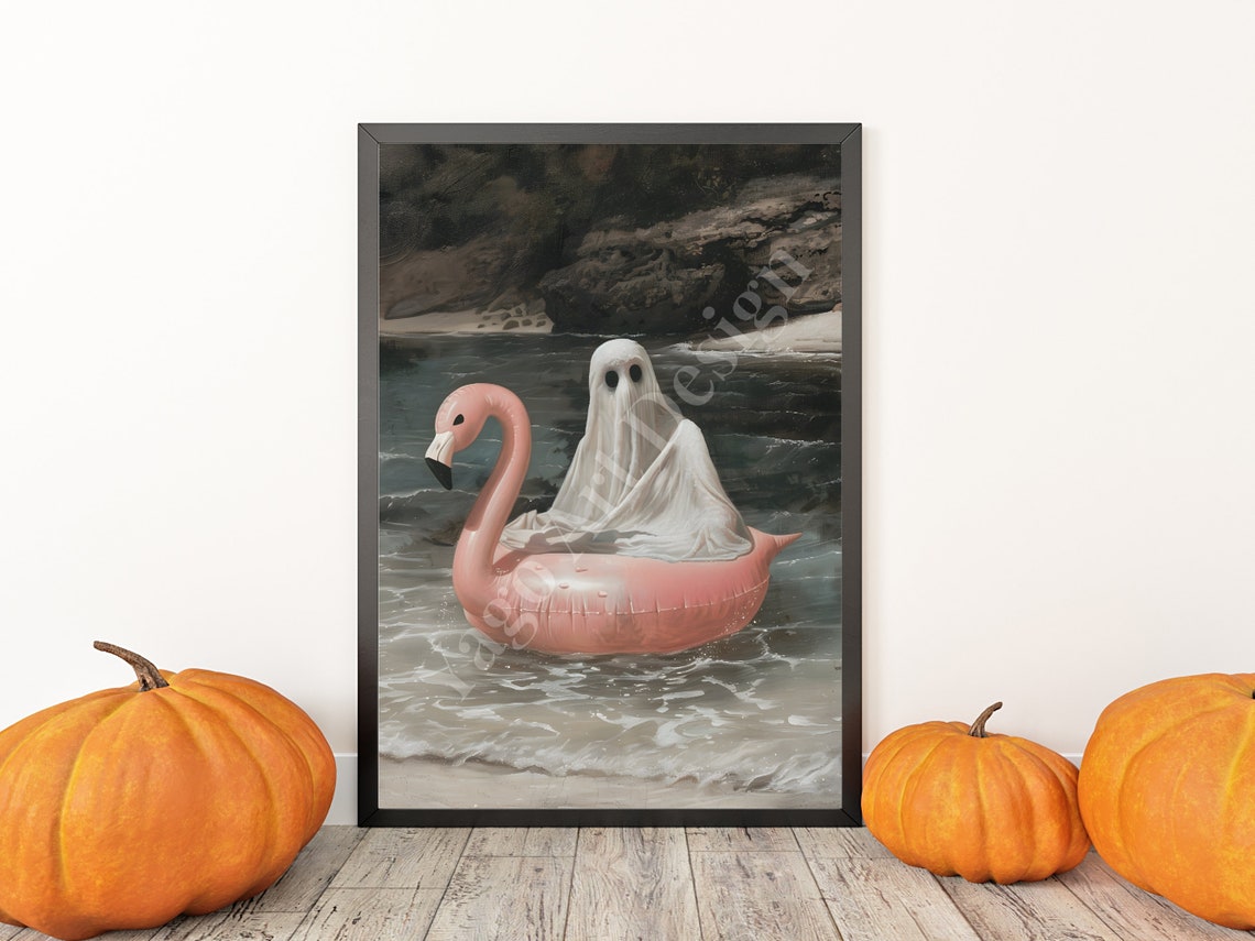 Cute Ghost Floating on Pink Flamingo Pool Float Summer Poster - Image 3